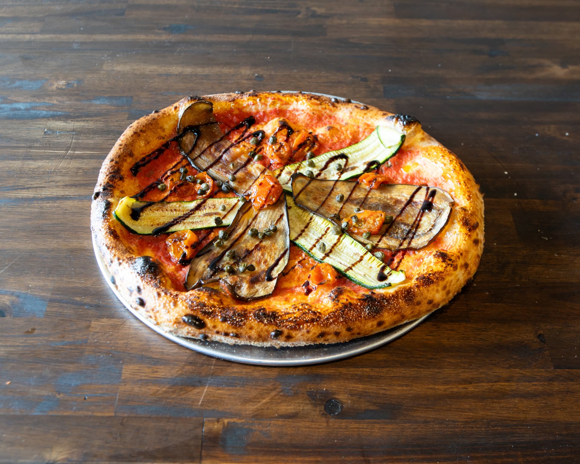 Caponata pizza with roasted eggplant and zucchini