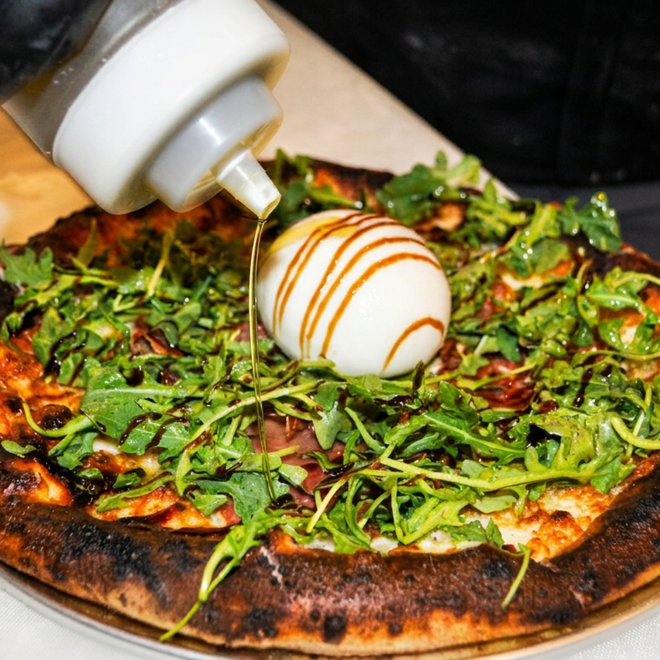 Freshly baked pizza topped with arugula and burrata, drizzled with balsamic glaze while being finished at a restaurant.