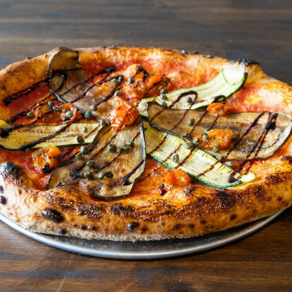 Wood-fired vegetable pizza topped with grilled zucchini, eggplant, tomatoes, capers, and balsamic drizzle on a metal plate.