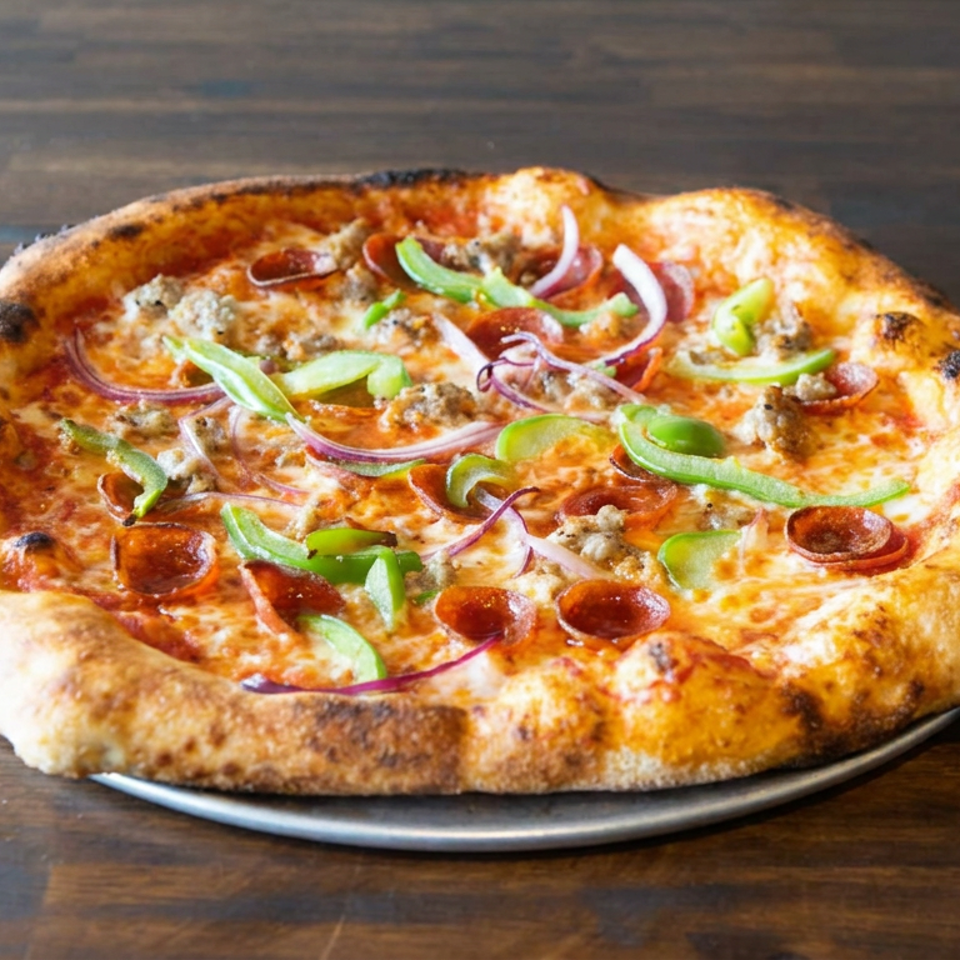 A wood-fired pizza topped with pepperoni, sausage, green peppers, red onions, tomato sauce, and melted cheese on a metal tray.