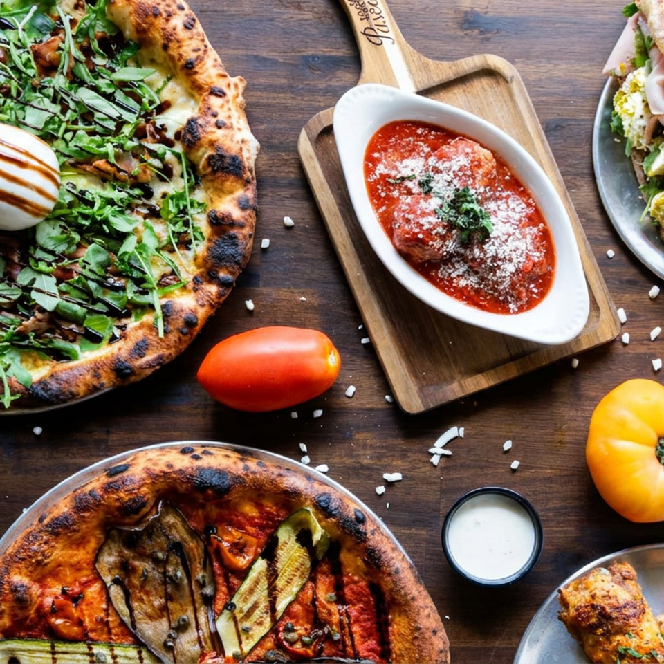 Overhead spread of artisan pizzas, meatball marinara, stuffed flatbread, tomatoes, sauces, cheese, and spices on a wooden table.