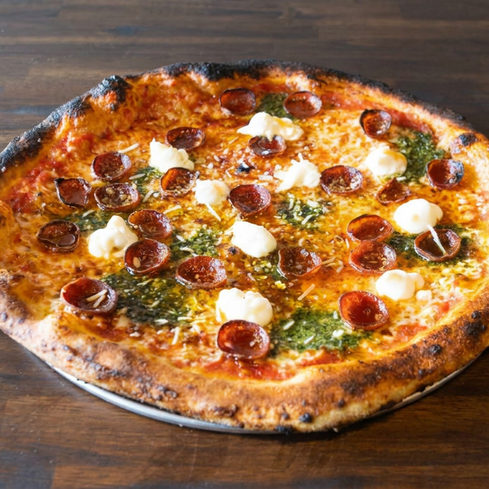 Wood-fired pizza topped with pepperoni, fresh mozzarella, tomato sauce, and green herbs on a metal tray.