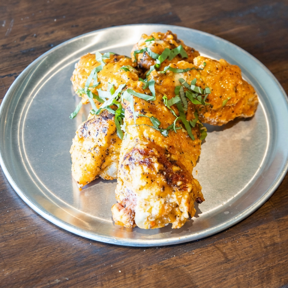 Three pieces of fried chicken topped with orange sauce and chopped herbs on a metal plate atop a wooden table.