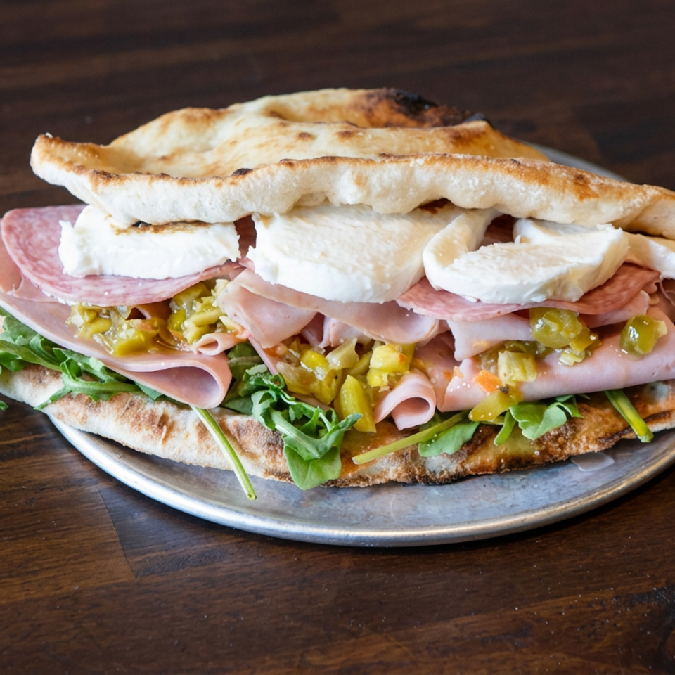 Grilled flatbread sandwich layered with cured meats, fresh mozzarella, greens, and sliced peppers on a metal plate.