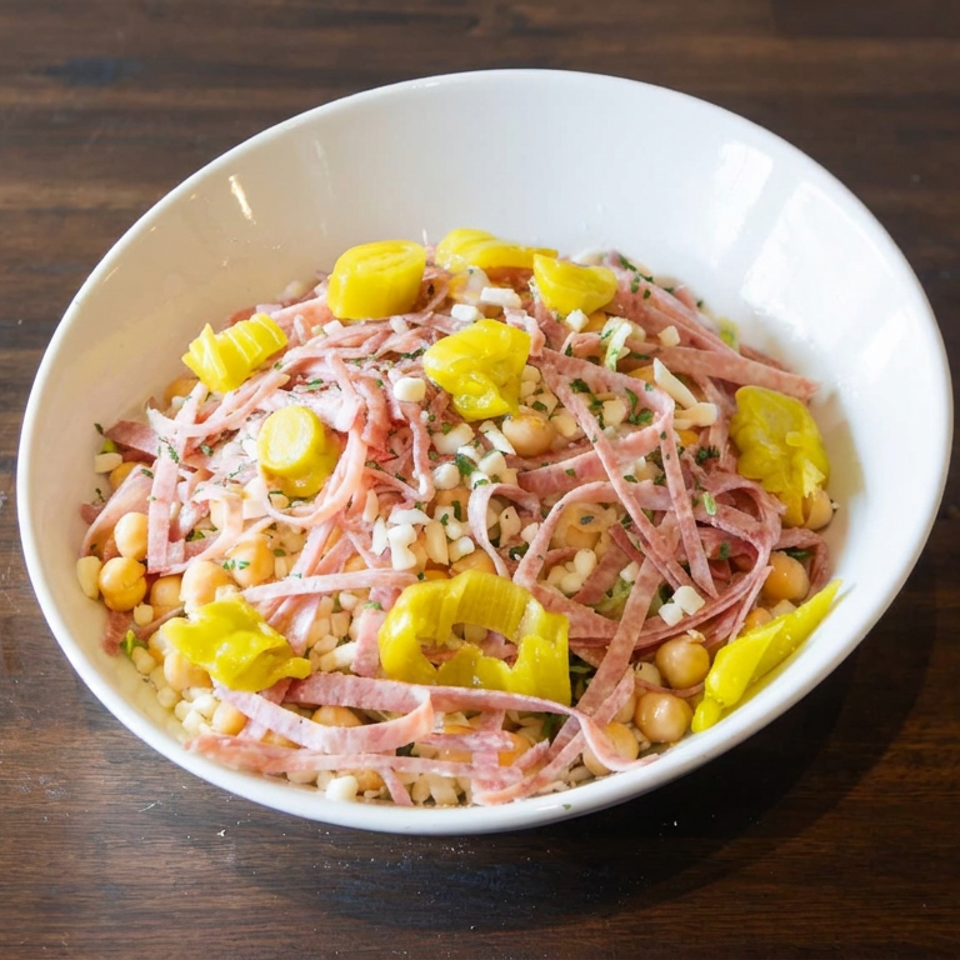 Bowl of pasta salad with chickpeas, sliced pink meat, herbs, and yellow pepper rings on a wooden table.