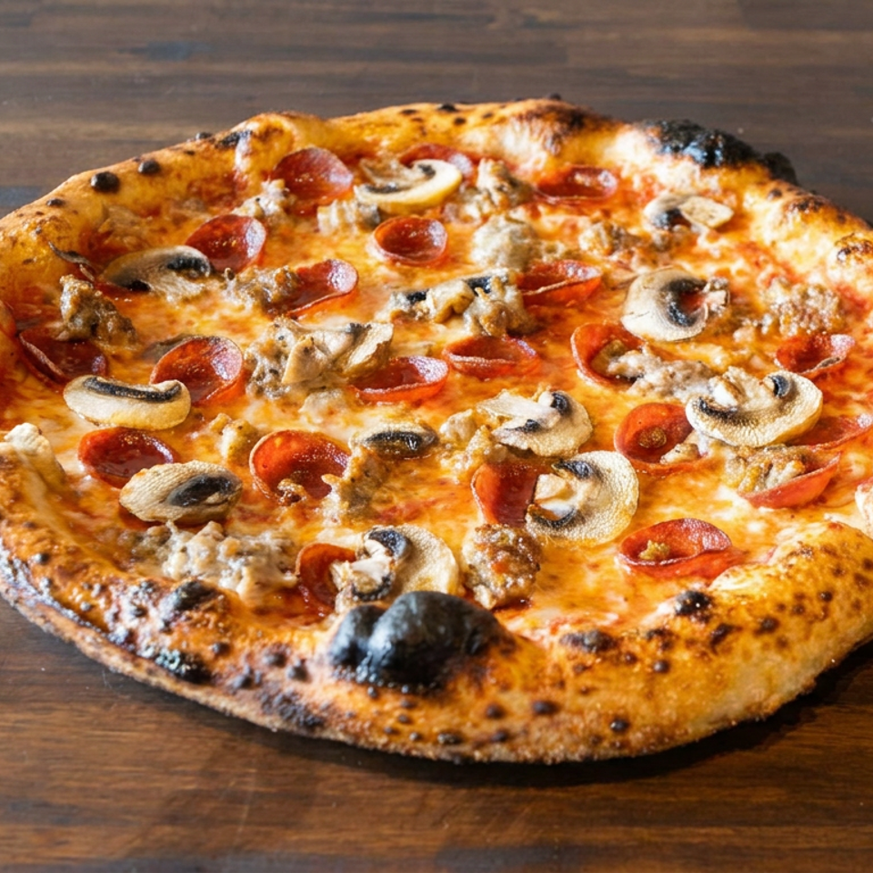 Neapolitan-style pizza topped with pepperoni, mushrooms, sausage, and melted cheese on a wooden table.