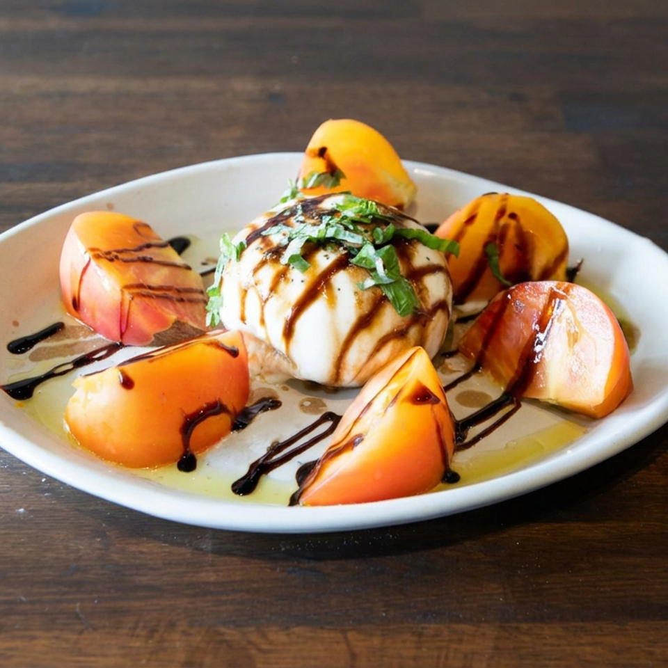 Burrata topped with herbs and balsamic glaze, surrounded by grilled peach wedges on a white plate.